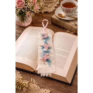 Handcrafted Floral Fabric Bookmark with Ribbon 9x2 inches